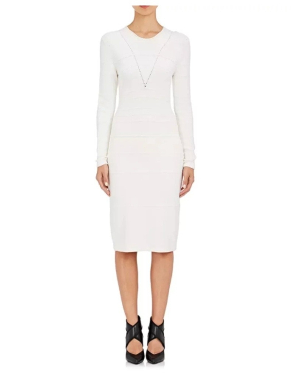 Narciso Rodriguez White Long-Sleeve Fitted Midi Dress Size S